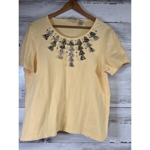 Alfred Dunner Yellow Embellished Neckline Short Sleeve Top Blouse PM